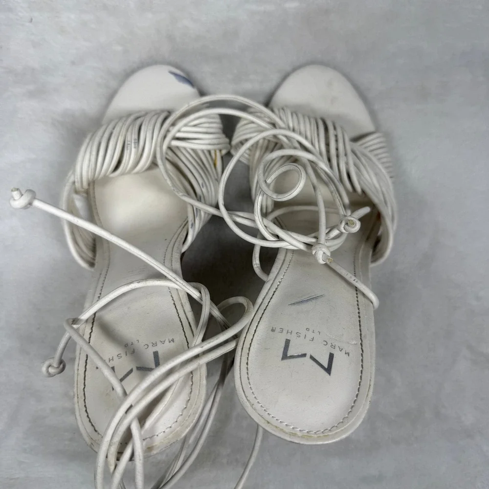 Marc Fisher LTD White‎ Leather Lace Up Strappy Stiletto Heels Knotted Sandals 8